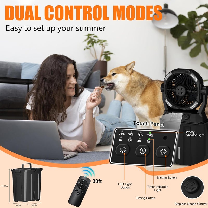 Wilody Portable Misting Fan 42800mAH Rechargeable with Remote Control, 6L Bucket Camping Fan with LED Lights & Stepless Speed Control & Cooling Mist, Portable Handle & Rotate Hook, Timer Function - Image 4